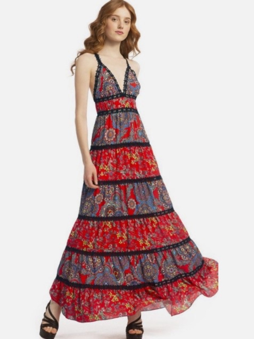 Alice + Olivia Karolina Red Floral Tiered Maxi Dress Size 4 Crochet Paisley Boho